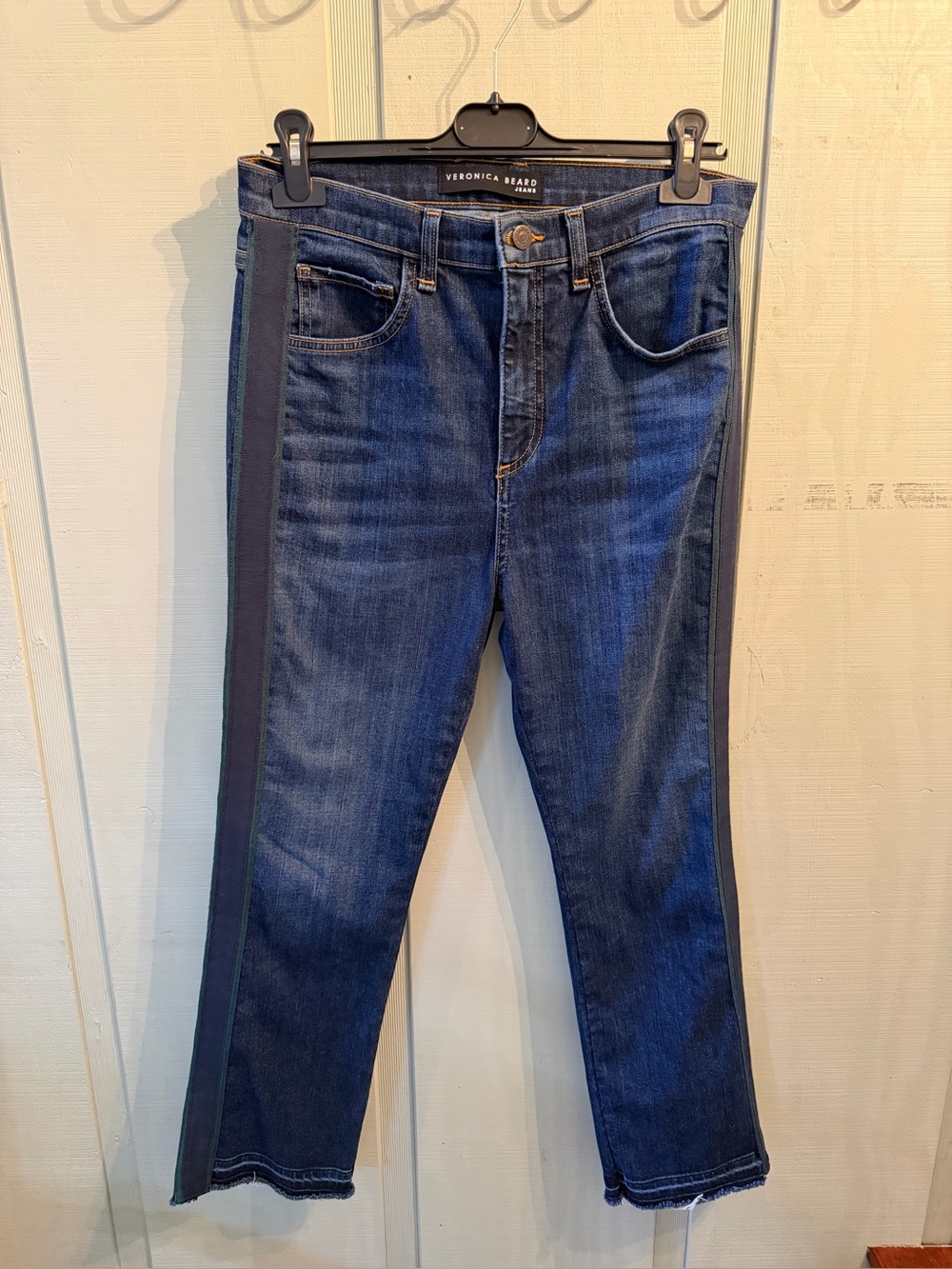 Veronica Beard Dark Blue Straight-Leg Jeans with Black Side Stripe